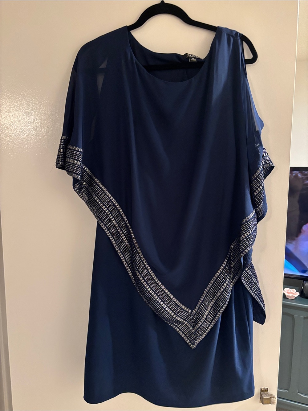 Women's Navy Blue Draped Dress with Embellished Trim